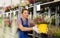 Flower shop employee takes care of indoor flowers calluna