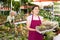 Flower shop female seller holding cactus pots at flower market