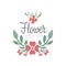 Flower shop green and red logo template, label or badge in vintage style for floral boutique, wedding service, florist