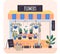 Flower shop showcase in flat style. Floral market, houseplant in pots, bouquets and indoor plants