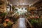 flower shop, showing arrangement of flowers and other plants in vases and pots