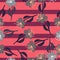 Flower simple navy blue silhouettes seamless pattern. Pink striped background. Botanic random backdrop