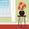 Flower vase with red poppies home interior window
