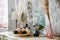 Flower in the vases glass decorated on wooden table interior decoration.cozy corner in a house with dried flower in a vase floor