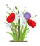 Flowerbed. Flower red poppy. Set of wild forest and garden flowers. Spring concept. Flat vector flower illustration