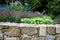 Flowerbed over a stone stone wall with joints filled with concrete with perennials of white green and blue color