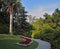 The flowerbed and path in the park