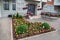 Flowerbed and planters of bright flowers of various plants in front of the entrance of a residential building. Agriculture