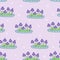 Flowerbed with purple plants and decorative stones. Hand-drawn illustration in cartoon style. Seamless vector pattern on purple