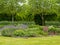 Flowerbeds and a green lawn in a summer garden