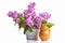 Flowering branch of lilac in a decorative bucket and jar with honey