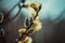 Flowering catkins or buds, pussy willow, grey willow, goat willow in early spring on a blue brown sky background. Willow twig