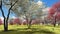 Flowering dogwood trees in orchard in spring time 3d rendering
