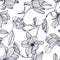 Flowering magnolia. Hand drawn black and white seamless pattern with blooming flowers. vector wallpaper.