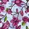Flowering magnolia, pink color. Hand drawn colorful seamless pattern with blooming flowers. vector wallpaper.