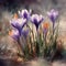 Flowering purple crocuses in spring, watercolor painting