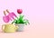 Flowerpot with blooming pink flowers Cute cartoon style with colorful gardening tools 3d render