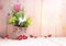 Flowerpot with hearts on wood table,Valentine`s day background.