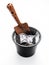 Flowerpot of shovel and money on white background.