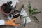 Flowerpots, soil pile, plant sprout, rake and shovel on burlap background. Woman replanting indoor potted flowers, flatly, top