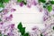 Flowers background. Bouquet of a branch of lilac spring flowers on a white wooden background.