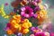 Flowers background with multicolored bouquet of summer flowers with vivid intense colors. Generative Ai