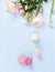 Flowers background. Pink flowers roses and ranunkulus and macaroni cakes on pale blue background.