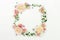 Flowers background. Wreath frame made of pale pink roses flowers and eucalyptus branches