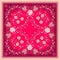 Flowers bandana, colorful shawl, scarf print in crimson and pink tones. Romantic flowering garden pattern with decorative border.