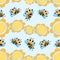 Flowers. Bee meadow. Swarm bees fly among the flowers. Background, seamless pattern with cute cartoon characters.