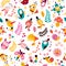 Flowers, birds, mushrooms & snails characters nature pattern