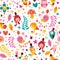 Flowers birds snails characters seamless pattern
