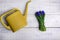 Flowers bouquet with watering can on wooden table. Top view