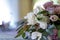 Flowers and branch of an eucalyptus, wedding background