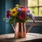 Flowers in a bronze watering can on a wooden table