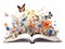 flowers and butterflies coming out of a big open book, concept of rebirth with culture, white background, created with ai,