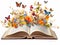 flowers and butterflies coming out of a big open book, concept of rebirth with culture, white background, created with ai,