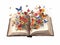 flowers and butterflies coming out of a big open book, concept of rebirth with culture, white background, created with ai,