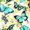 Flowers, butterflies, hand written text note. Watercolor. Seamless pattern