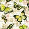 Flowers, butterflies, hand written text note. Watercolor. Vintage seamless pattern