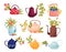 Flowers in colored teapots on white background.