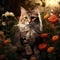 Flowers create a natural setting for a photorealistic portrait showcasing a cute cat by AI generated