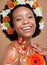 Flowers crown, beauty and portrait of black woman with smile on brown background in studio. Hair care, cosmetics and