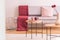 Flowers and cups on wooden tables in living room interior with red blanket on grey sofa. Real photo