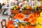 Flowers decorate the outdoor cafe on the market in Venice