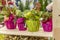 Flowers in decorated pots on shelf outdors