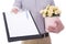 Flowers delivery - flowers and blank clipboard in male hands iso