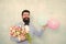 Flowers delivery. Gentleman romantic date. Birthday greetings. For someone special. Man bearded gentleman suit bow tie