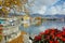 Flowers in embankment of town of Vevey and Lake Geneva, Switzerland