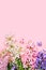 Flowers festive composition. Pink Spring or Easter Floral Background. Beautiful hyacinths flowers, Hello spring concept